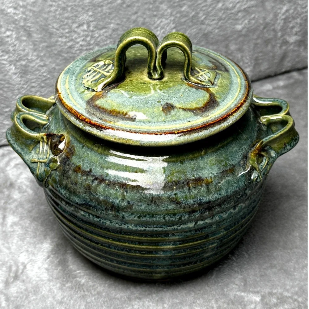 Studio Pottery Lidded Canister Green Brown Glaze Rustic Stoneware Crock Tureen